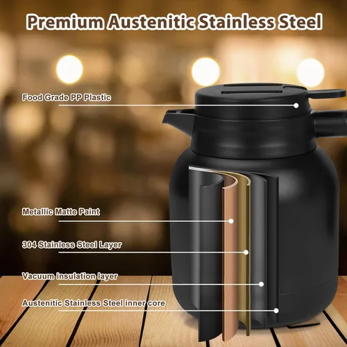 Miniatura 3 de Jarra térmica de café de 42 onzas, jarra térmica aislada, jarra de café aislada de acero inoxidable para mantener bebidas calientes/frías, Negro