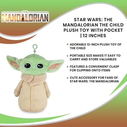 Miniatura 6 de Loungefly Star Wars: The Mandalorian The Child - Juguete de peluche de 12 pulgadas con cremallera de bolsillo, muñeca de peluche Baby Yoda con clip