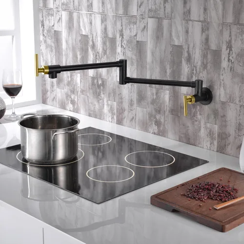 Miniatura 2 de SUMERAIN Grifo de llenado de olla para montaje en pared, grifo de cocina negro y dorado, brazos oscilantes de doble articulación, dos manijas