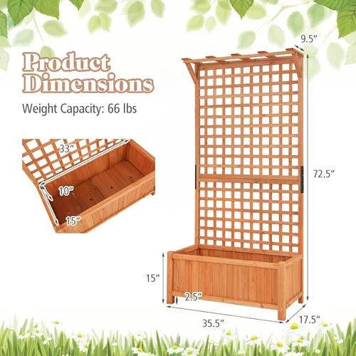 Miniatura 3 de S AFSTAR Cama de jardín elevada con enrejado, maceta elevada de madera con techo colgante y enrejado trepador, 4 agujeros de drenaje, contenedor