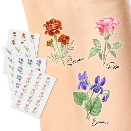 Tatuajes temporales personalizados, tatuajes de flores de nacimiento personalizados para cumpleaños, boda, despedida de soltera, 1 juego de 15