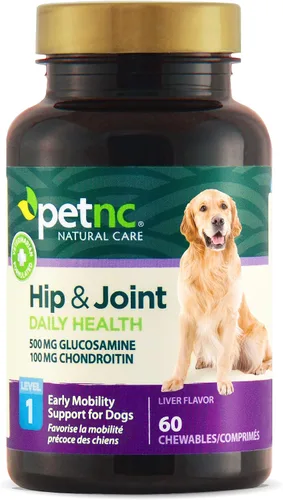 Petnc Level-1 Suplemento de salud de cadera y articulaciones para perros jóvenes (60 unidades), 500 mg de glucosamina, 100 mg de condroitina, 10 mg