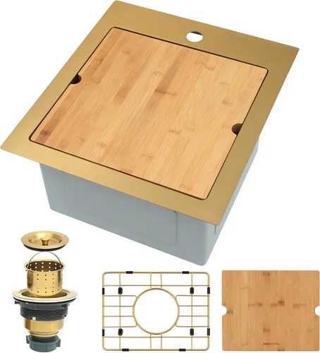 Miniatura 8 de Fregadero de barra de montaje inferior, fregadero de barra dorada de 15 pulgadas, fregadero de cocina de 15 x 15 x 9 pulgadas, fregadero de cocina