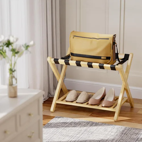 Miniatura 9 de SMIBUY Portaequipajes, soporte plegable de bambú para maleta con estante de almacenamiento para habitación de invitados, dormitorio, hotel, Natural