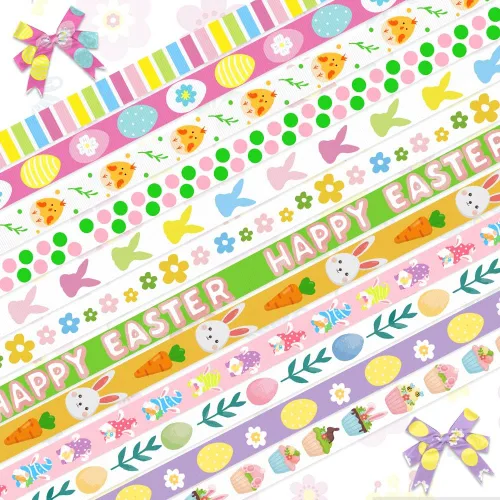 ALIBBON Cinta de Pascua de 12 yardas, 3/8 pulgadas, clásico, patrón de dibujos animados, verde, rosa, amarillo, blanco, ocasión de Pascua