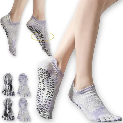 Miniatura 17 de CHUNFO Calcetines de agarre para mujer, calcetines de yoga para pilates, antideslizantes, teñido anudado, coloridos, de algodón, de compresión
