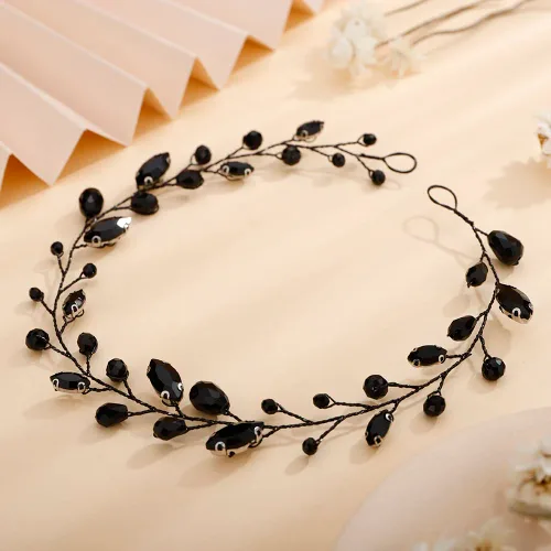 Teyglen Diadema larga de diamantes de imitación para novias, tocados vintage para mujeres, fiestas, bailes, cumpleaños (negro)