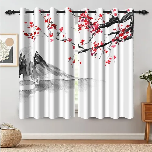 Miniatura 144 de Cortinas japonesas con pintura de tinta, monte Fuji, sol rojo, puesta de sol, hojas de bambú, cortinas de ventana para dormitorio, sala de estar