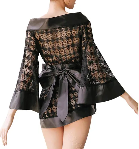 Kimono japonés para mujer, mini vestido de gasa negra con estampado floral OBI sexy, conjunto de lencería para juegos de rol, Morado, L