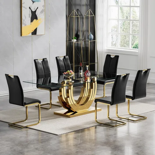 Miniatura 16 de Juego de mesa de comedor de cristal dorado moderno de 70 pulgadas para 4, juego de mesa rectangular de 5 piezas con base de acero en forma de anillo