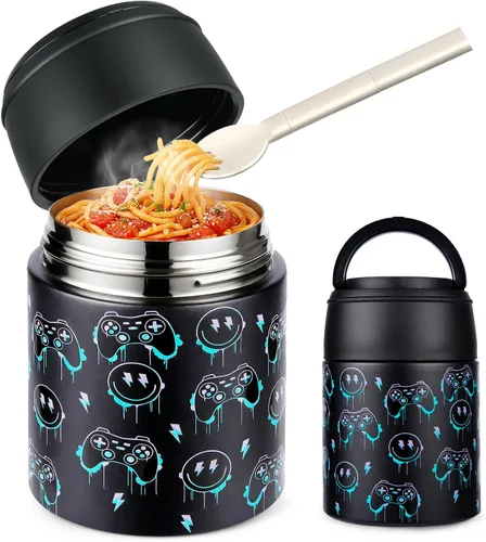 Miniatura 12 de Termo de Sopa de 10 oz para Comida Caliente para Niños, Frasco de Comida Aislado con Cuchara de Boca Ancha, Contenedor de Almuerzo de Acero Negro