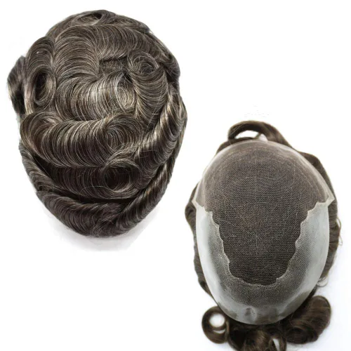 Miniatura 58 de Peluca de repuesto de cabello natural de poliuretano con encaje frontal para hombre (7x9 pulgadas, densidad de luz, 1B40# negro natural con 40% gris)