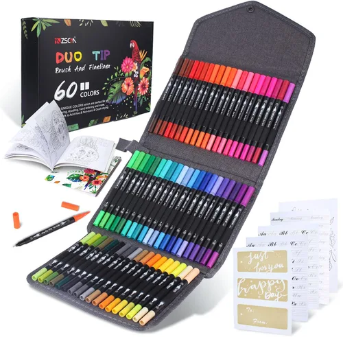 ZSCM - Marcadores de 60 colores para adultos para colorear sin sangrado, bolígrafo de doble punta, marcadores para colorear finos y pinceles para
