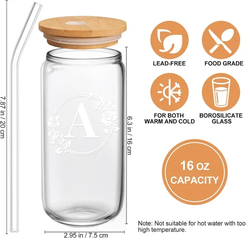 Miniatura 2 de Regalos de cumpleaños para mujeres, taza de vidrio personalizada con monograma de iniciales para mujeres, tazas de vidrio de 16oz con tapas
