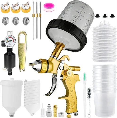 HVLP - Kits de pistola de pulverización con boquillas de 1.4/1.7/0.098 in y regulador de compresor de aire, 2 juegos de pistolas de pintura Amarillo
