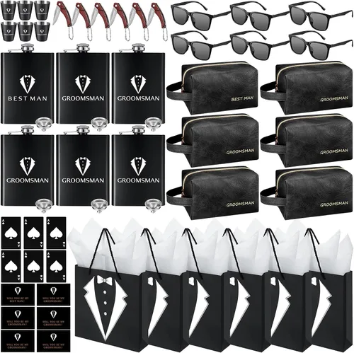 Juego de 60 piezas de regalo para padrinos de boda, conjunto de 6, caja de propuesta de padrinos de boda con frascos, gafas de sol, neceser de cuero