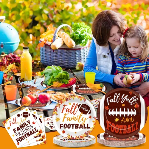 Miniatura 5 de 96 piezas de suministros para fiesta de otoño de fútbol, vajilla rústica de fútbol y otoño, platos, servilletas, hojas de arce, decoración de mesa