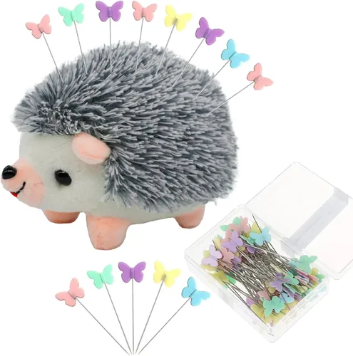 Miniatura 8 de El juego de cojín de erizo con alfileres incluye 1 bonito cojín de alfiler y 100 pines rectos de cabeza plana de mariposa para coser proyectos