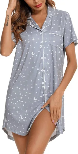 Miniatura 83 de Samring Camisón de pijama para mujer, manga corta/larga, con botones, camisón para dormir, camisón para novio, talla XXL