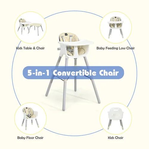 Miniatura 2 de BABY JOY Silla Alta, Trona Convertible 5 en 1 para Bebés y Niños Pequeños Asiento Elevador Juego de Mesa y Silla Silla de Alimentación Beige