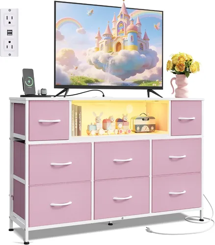 Miniatura 15 de WLIVE - Soporte de TV con cómoda en negro para TV de 45, 50, 55 pulgadas, centro de entretenimiento con luces LED y estación de carga, cómoda con 8