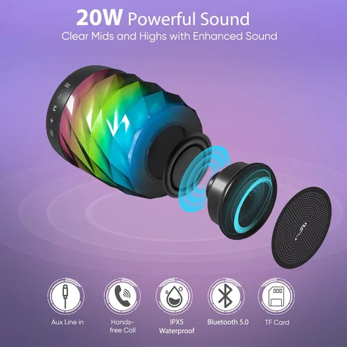 Miniatura 2 de LFS Altavoces Bluetooth - Altavoces inalámbricos portátiles de sonido premium de 20 W con TWS Bluetooth 5.0, luces LED, impermeables, tiempo