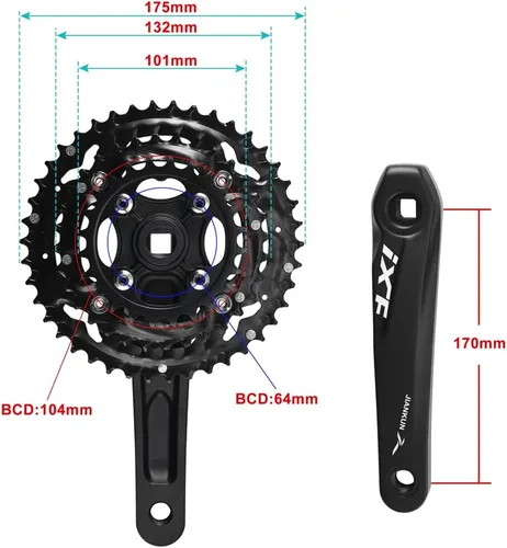 Miniatura 2 de CYSKY Square Taper Triple Crankset 170mm 44-32-22, 42-32-24 Chainring 3X 9 10 Speed Bike Crankset 64/104 BCD for Mountain Bike Compatible with