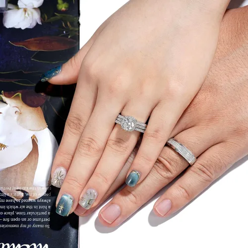 Miniatura 4 de Juego de anillos de boda chapados en oro de 18 quilates con circonita cúbica redonda de 2 quilates para hombre, plata de ley, anillos para pareja