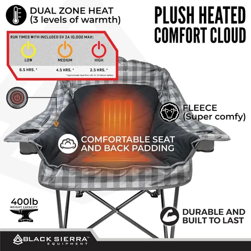 Miniatura 4 de Silla de camping con calefacción de forro polar Black Sierra para adultos, asiento exterior extra grande con acolchado suave, soporta 400 libras