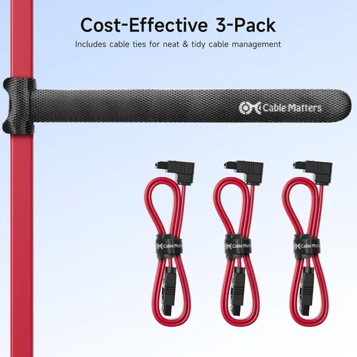 Miniatura 7 de Cable Matters Paquete de 3 cables SATA SATA de 90 grados – 18 pulgadas, SATA III 6Gbps de ángulo recto para SSD, HDD, unidades de CD/DVD, disco Rojo