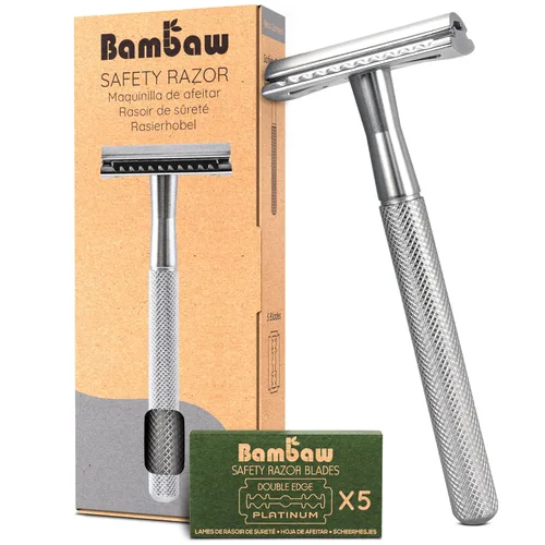 Miniatura 13 de Bambaw Maquinilla de Afeitar de Seguridad de Doble Filo para Hombres con Soporte, Maquinilla de Afeitar de Metal Reutilizable con 5 Cuchillas