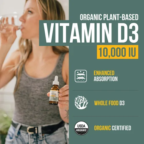Miniatura 2 de Vitamina D3 orgánica de 10,000 UI – Planta D3, vegana, fuerza máxima sublingual líquido D3 gotas – 200% mayor absorción, 100%