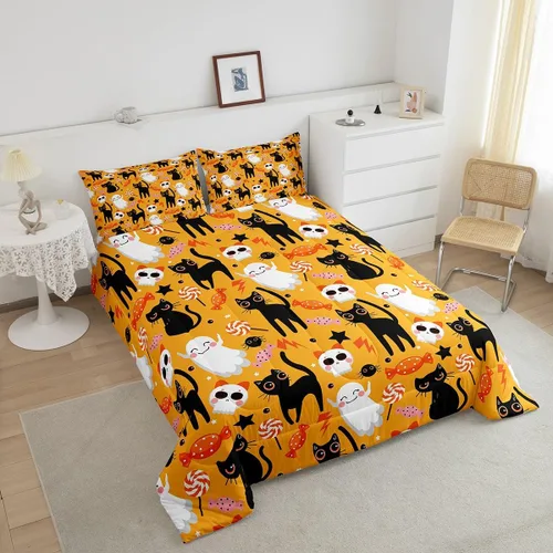 Miniatura 4 de Erosebridal Juego de edredón de Halloween para niños, tamaño individual, juego de ropa de cama de calavera de azúcar para decoración de habitación