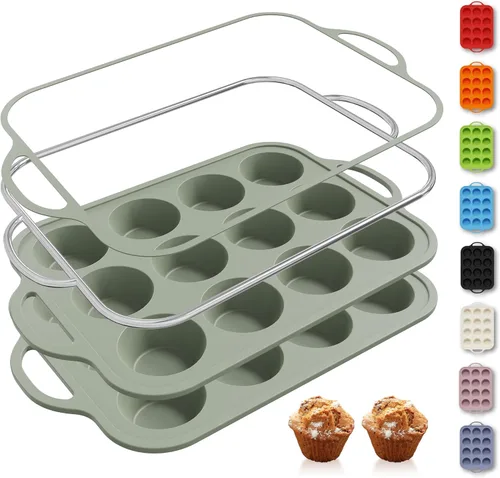 Miniatura 45 de 2 paquetes de 12 tazas de molde para magdalenas de silicona para hornear con marco reforzado de metal, molde para cupcakes de tamaño regular, Crema
