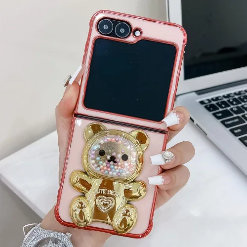 Miniatura 20 de Bonita funda compatible con Samsung Galaxy Z Flip 5/Z Flip 6 de 6.7 pulgadas, cuentas de lujo de color dorado 3D de arena movediza con soporte