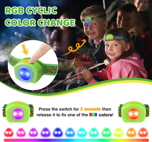 Miniatura 3 de EverBrite Linterna frontal LED recargable para niños con modo RGB y diadema ajustable, 3 modos multicolor para niños, lámpara de cabeza brillante