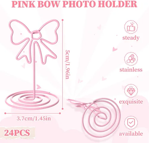 Miniatura 2 de SiliFine 24 soportes para fotos de lazo rosa, soporte para clips de fotos de 1.96 x 1.45 pulgadas, decoración de lazo rosa, soporte para tarjetas