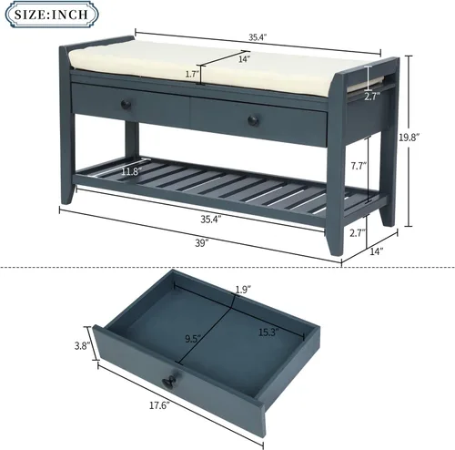 Miniatura 2 de Knocbel Banco de almacenamiento de entrada para zapatos con asiento acolchado, 2 cajones y estante de rejillas, sala de estar, entrada, pasillo