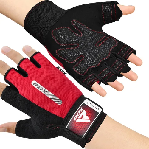RDX Guantes de levantamiento de pesas para gimnasio, entrenamiento de fitness, protección completa acolchada antideslizante, ultra ventilados, Rojo