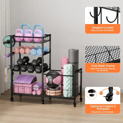 Miniatura 6 de HavenlyYouth Dumbbell Rack, Home Gym Weight Rack Storage, Adjustable Dumbbell Stand Organizer with Wheels, Holds Dumbbells, Kettlebells, Yoga Mats