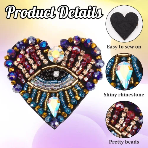 Miniatura 3 de INFUNLY 4 parches de cuentas de diamantes de imitación de ojo de corazón de 4.1 x 2.9 pulgadas, parches para coser en forma de corazón, hechos a