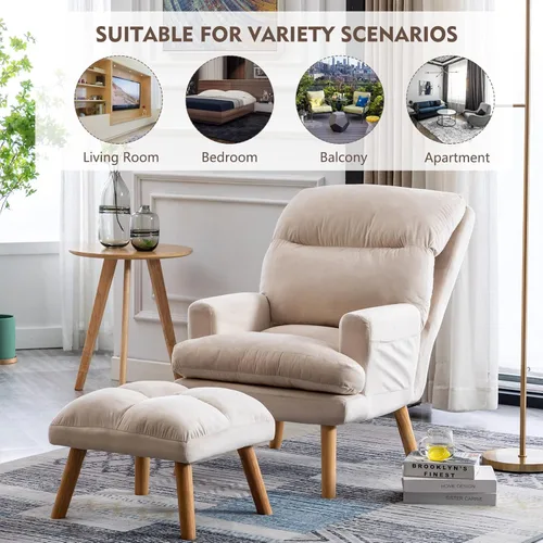 Miniatura 6 de CANMOV Silla decorativa moderna con otomana, sillón de tela suave con respaldo ajustable y bolsillos laterales, cómoda silla de descanso para sala