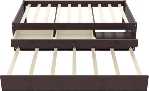 Miniatura 5 de Cama de plataforma individual con nido y cajones de almacenamiento, sofá cama de madera maciza con tomas de corriente y listones completamente