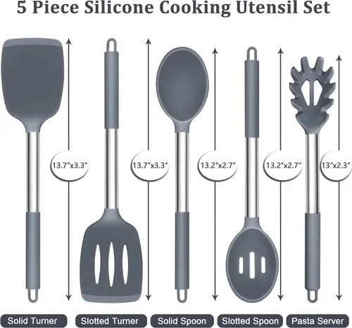 Miniatura 2 de TeamFar Juego de utensilios de cocina de silicona, 5 utensilios de cocina a prueba de calor con mango de acero inoxidable, girador/cuchara/servidor