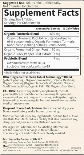 Miniatura 8 de Garden of Life Organics Apoyo para articulaciones y movilidad de cúrcuma de máxima potencia 30 tabletas - 500mg de curcumina