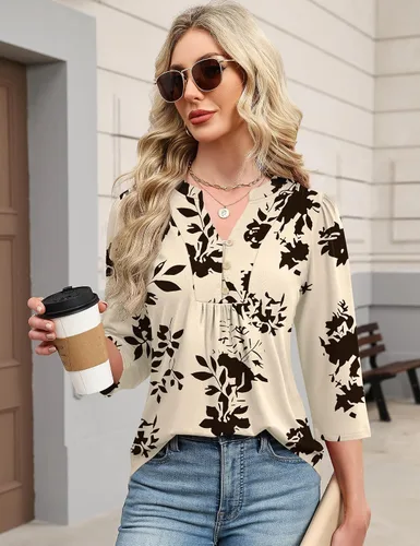 Miniatura 4 de IECCP Blusas de verano de manga 3/4 para mujer, estilo casual, cuello Henley, cuello en V, plisadas, ajuste holgado, blusas de trabajo