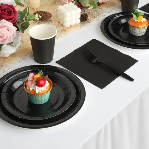 Miniatura 5 de Platos y servilletas de papel negro, platos desechables para fiestas, incluye platos de 7 y 9 pulgadas, tazas, servilletas, tenedores, suministros
