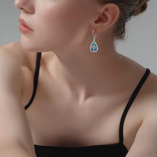 Miniatura 208 de Aretes colgantes de plata de ley con diseño de árbol de la vida, flor, abeja, animales, gato, colibrí, piedra lunar, turquesa, aretes con cierre