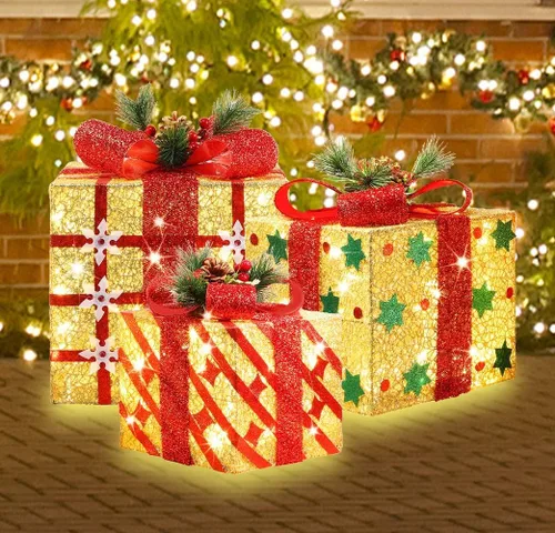 Miniatura 2 de LAMPHOME Cajas Iluminadas de Navidad, juego de 3 cajas de regalo decorativas con 91 LED, luces cálidas con parpadeo, cajas decorativas para Cajas