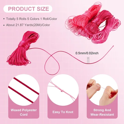 Miniatura 2 de 109 yardas de 0.020 in de color rosa encerado de poliéster para trenzar cuerda encerada de cuentas hilos para bricolaje pulsera de amistad, collar